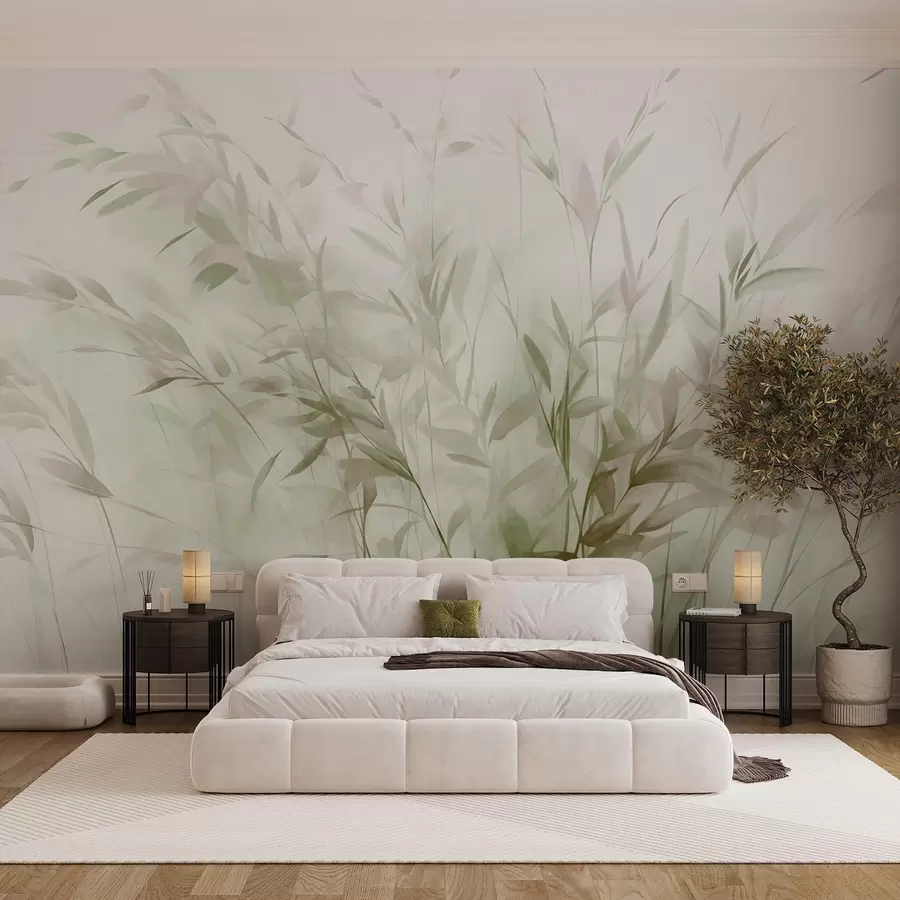 wall murals Grass and weeds with thin leaves and stems, light green and brown colors, soft and delicate brushstrokes, minimalist print w09342