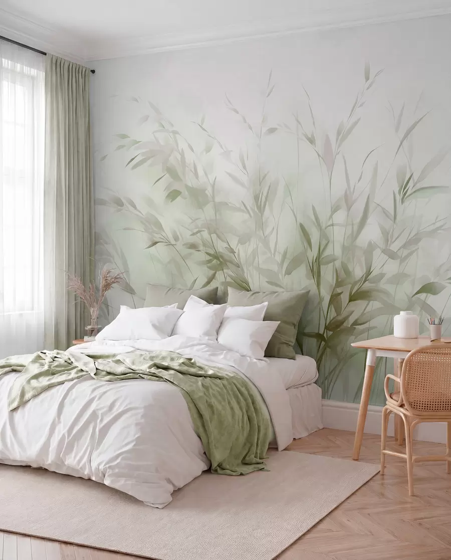 wall murals Grass and weeds with thin leaves and stems, light green and brown colors, soft and delicate brushstrokes, minimalist print w09342