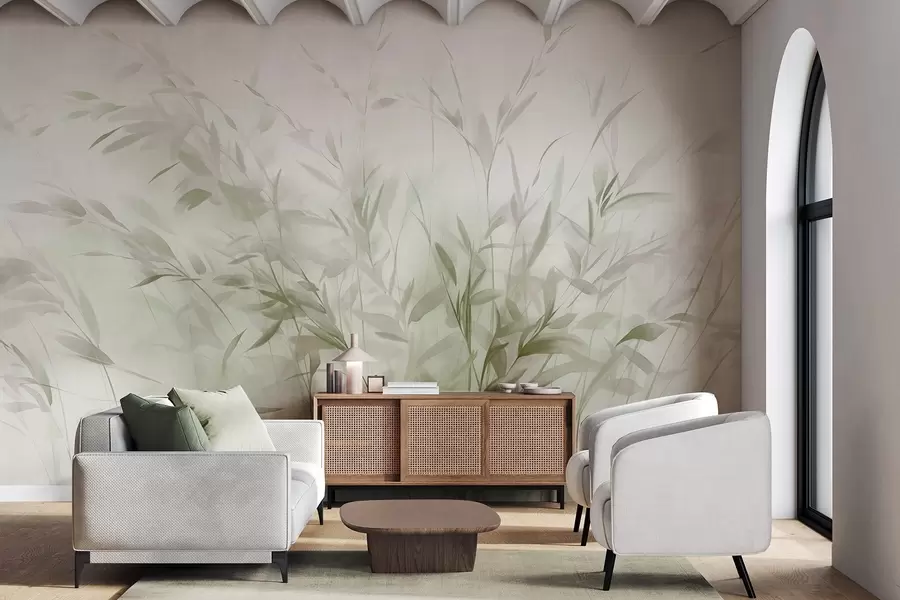 wall murals Grass and weeds with thin leaves and stems, light green and brown colors, soft and delicate brushstrokes, minimalist print w09342