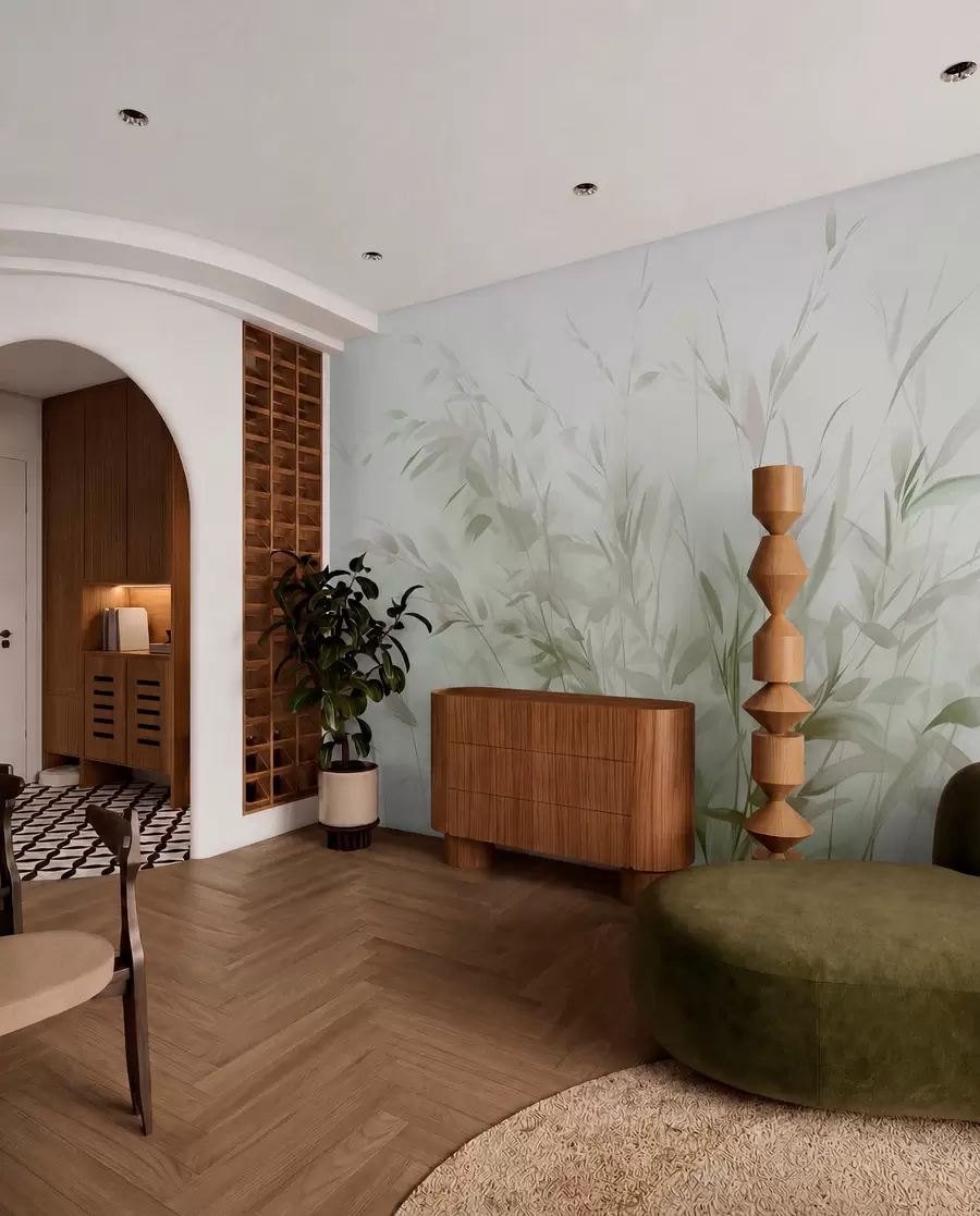 wall murals Grass and weeds with thin leaves and stems, light green and brown colors, soft and delicate brushstrokes, minimalist print w09342