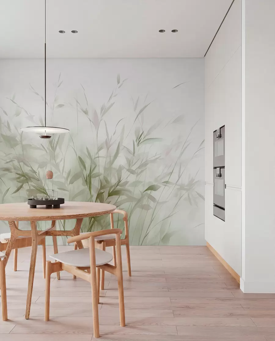 wall murals Grass and weeds with thin leaves and stems, light green and brown colors, soft and delicate brushstrokes, minimalist print w09342