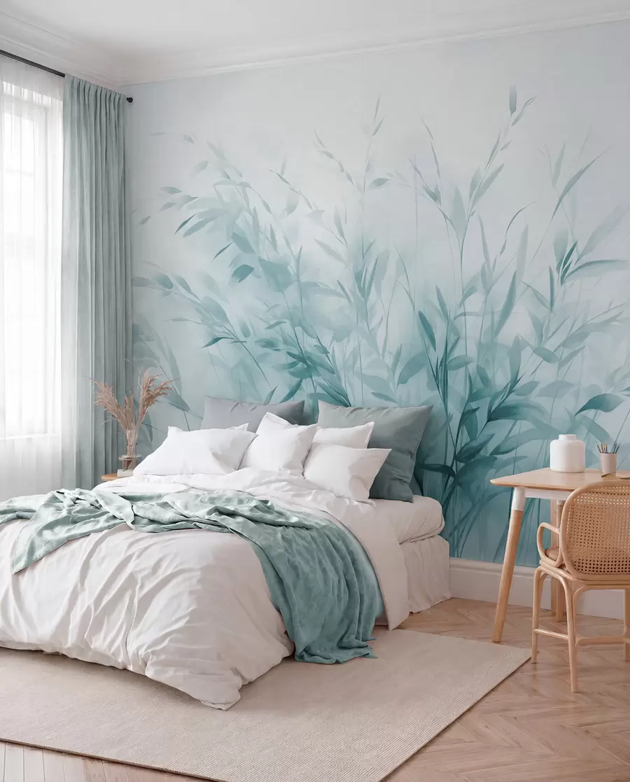 wall murals Grass and weeds with thin leaves and stems, light blue colors, soft and delicate brushstrokes, minimalist print w09342v1