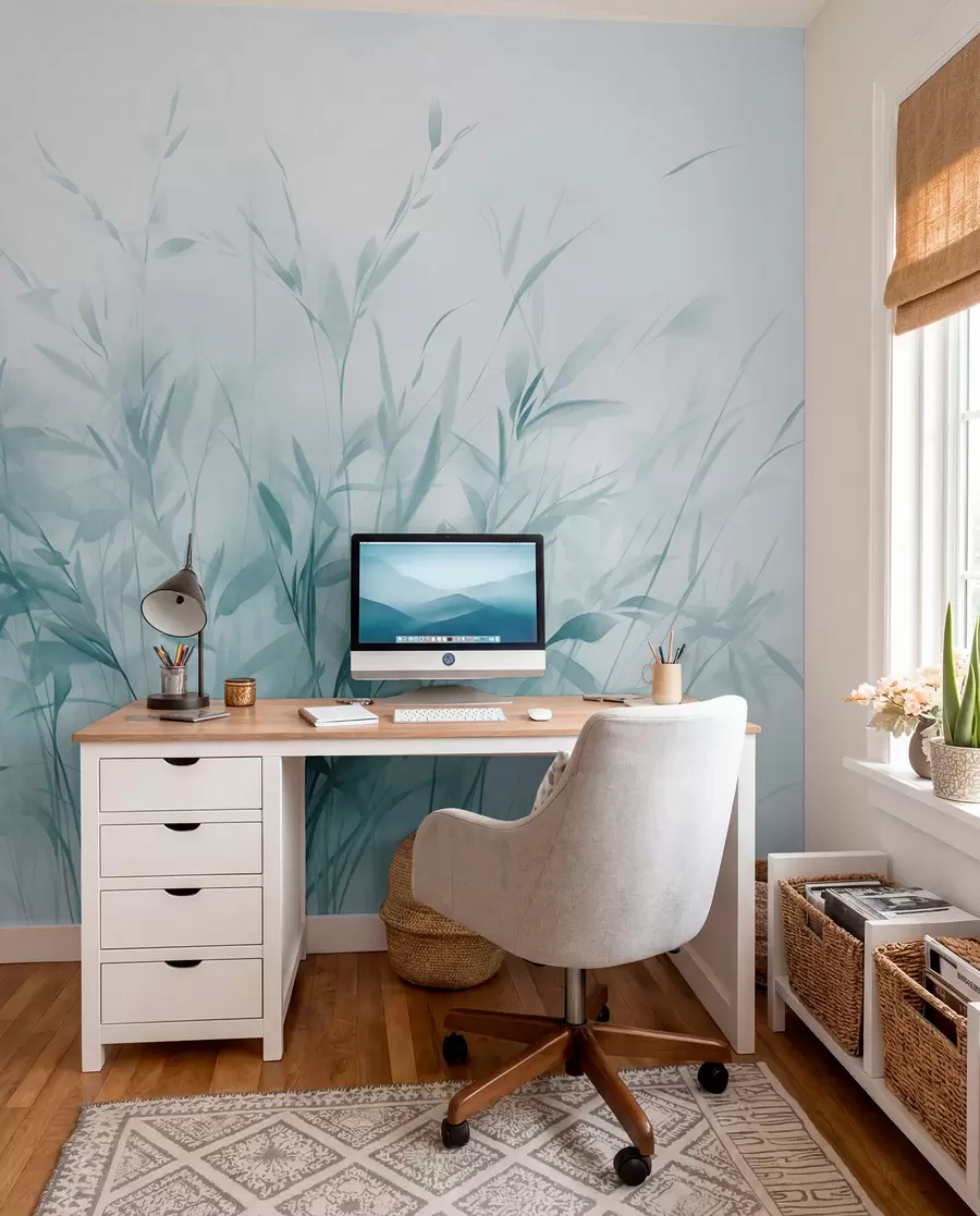 wall murals Grass and weeds with thin leaves and stems, light blue colors, soft and delicate brushstrokes, minimalist print w09342v1
