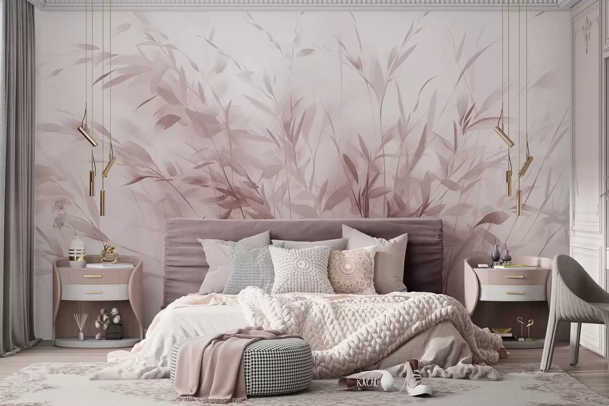 wall murals Grass and weeds with thin leaves and stems, light pink colors, soft and delicate brushstrokes, minimalist print w09342v2