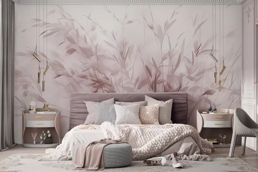wall murals Grass and weeds with thin leaves and stems, light pink colors, soft and delicate brushstrokes, minimalist print w09342v2