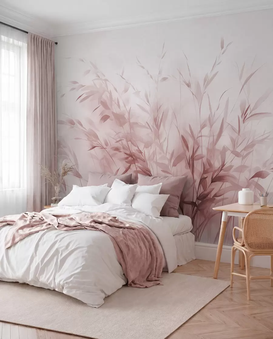wall murals Grass and weeds with thin leaves and stems, light pink colors, soft and delicate brushstrokes, minimalist print w09342v2