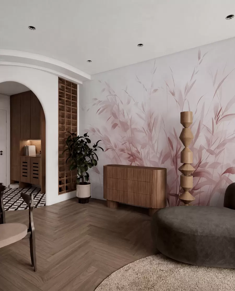 wall murals Grass and weeds with thin leaves and stems, light pink colors, soft and delicate brushstrokes, minimalist print w09342v2