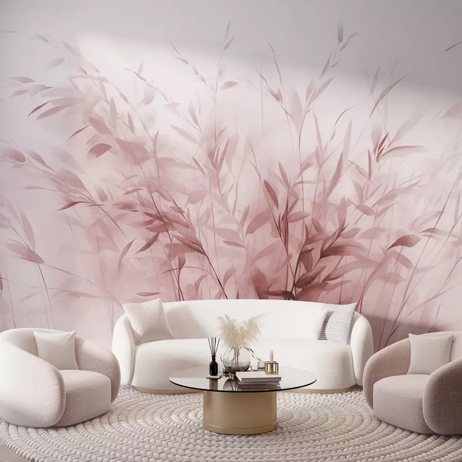 wall murals Grass and weeds with thin leaves and stems, light pink colors, soft and delicate brushstrokes, minimalist print w09342v2