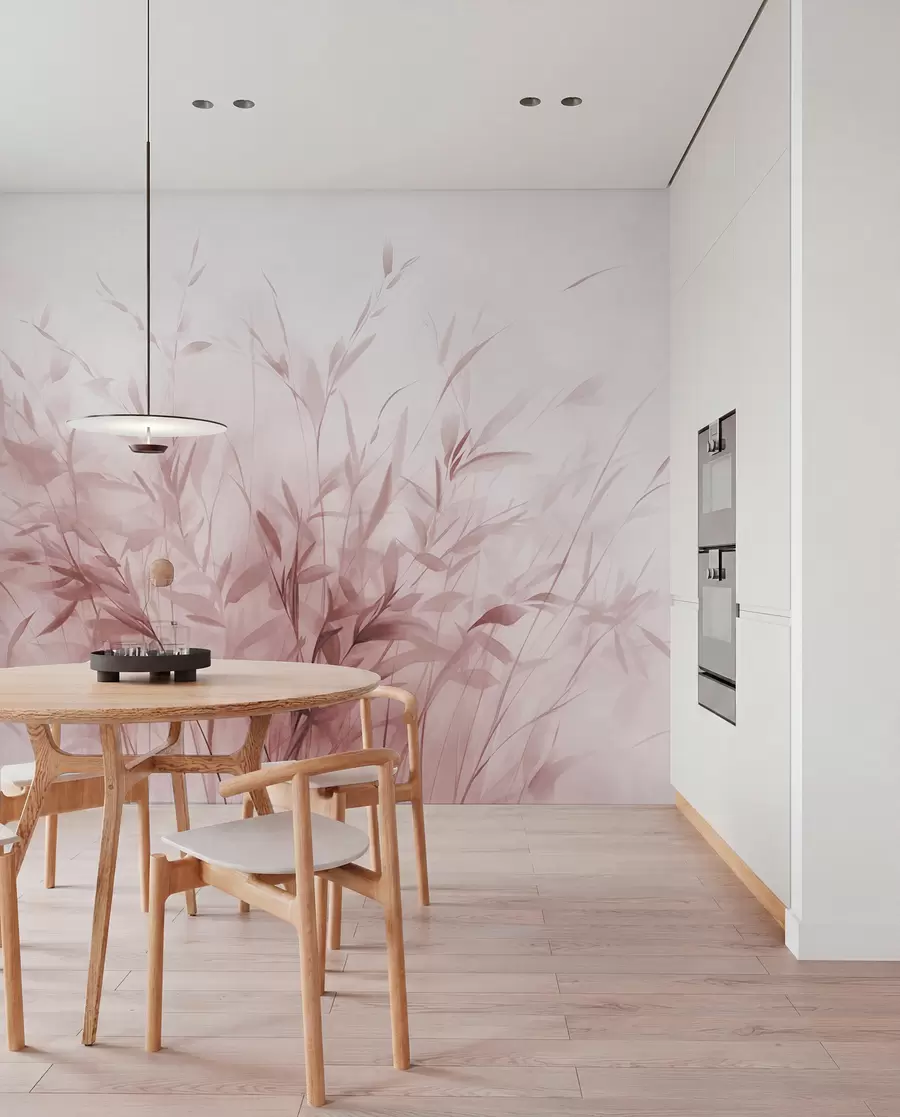 wall murals Grass and weeds with thin leaves and stems, light pink colors, soft and delicate brushstrokes, minimalist print w09342v2