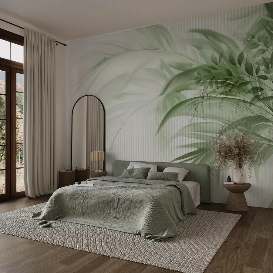 wall murals Palm tropical green leaves with a white striped background, soft lighting, delicate brushstrokes, organic forms w09343