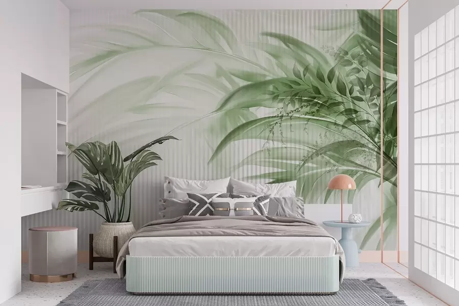 wall murals Palm tropical green leaves with a white striped background, soft lighting, delicate brushstrokes, organic forms w09343
