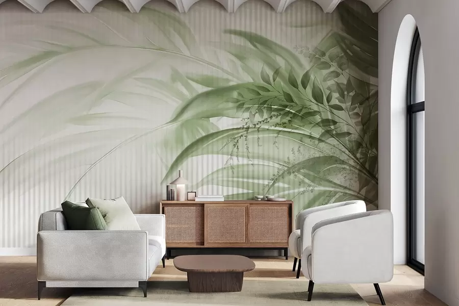 wall murals Palm tropical green leaves with a white striped background, soft lighting, delicate brushstrokes, organic forms w09343