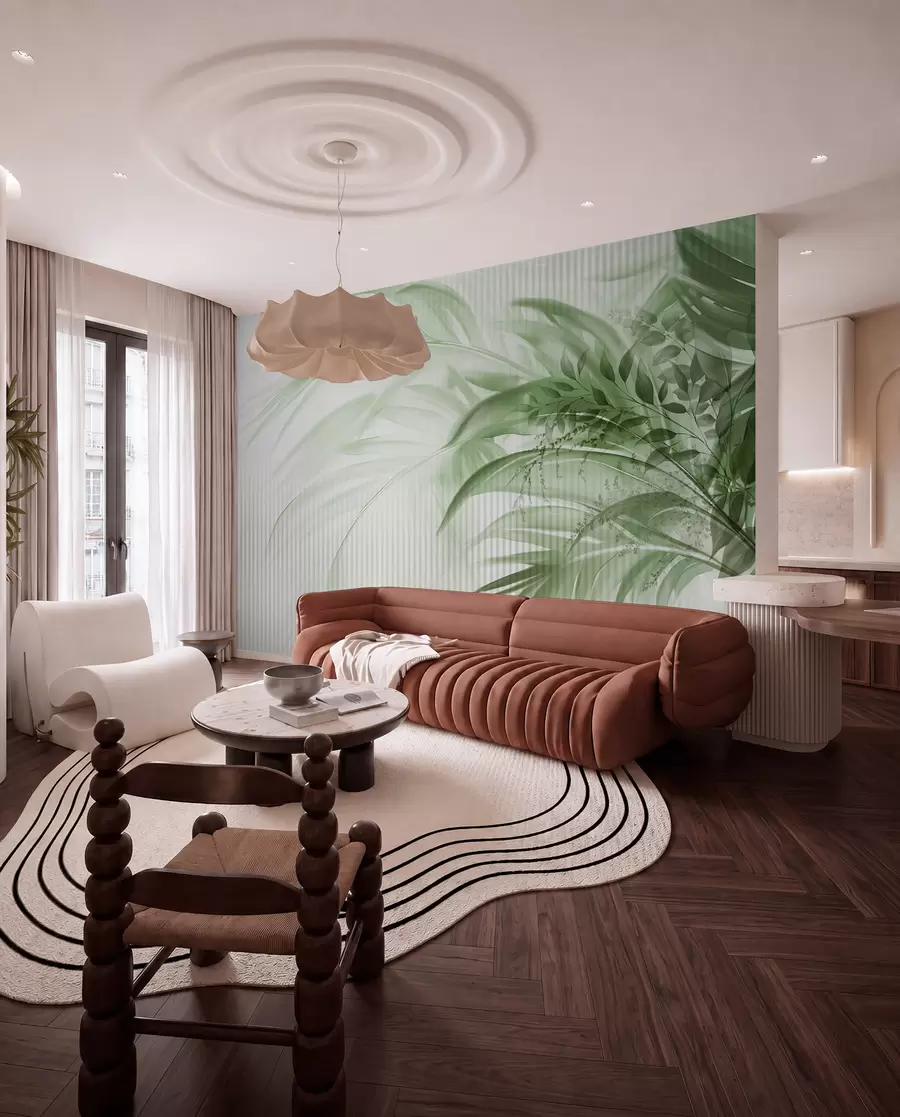 wall murals Palm tropical green leaves with a white striped background, soft lighting, delicate brushstrokes, organic forms w09343