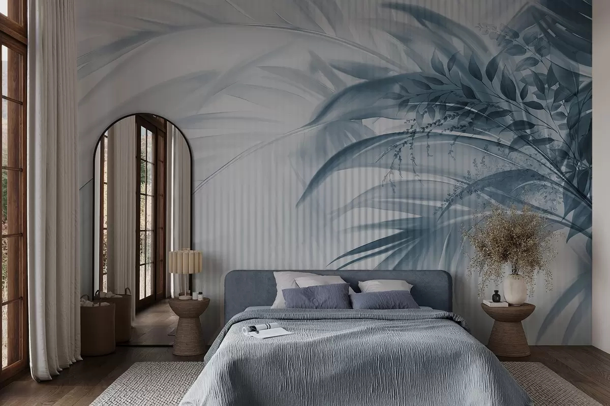 wall murals Palm tropical blue leaves with a white striped background, soft lighting, delicate brushstrokes, organic forms w09343v1
