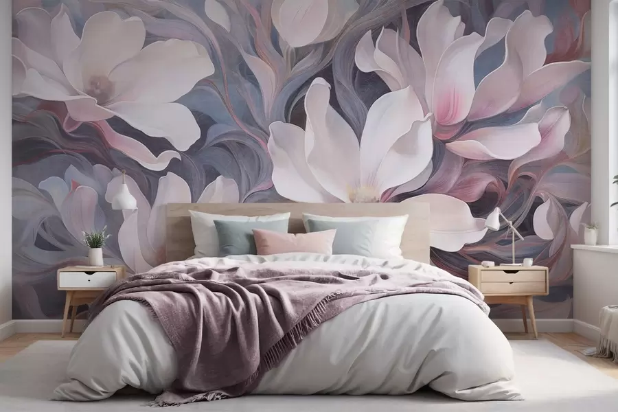 wall murals Textured painting of white magnolia flowers with pink accents, set against a background of swirling, muted blue and gray tones w09344