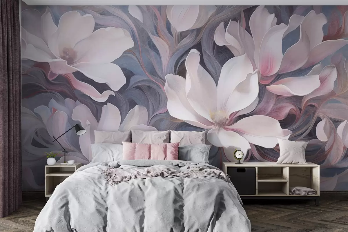 wall murals Textured painting of white magnolia flowers with pink accents, set against a background of swirling, muted blue and gray tones w09344