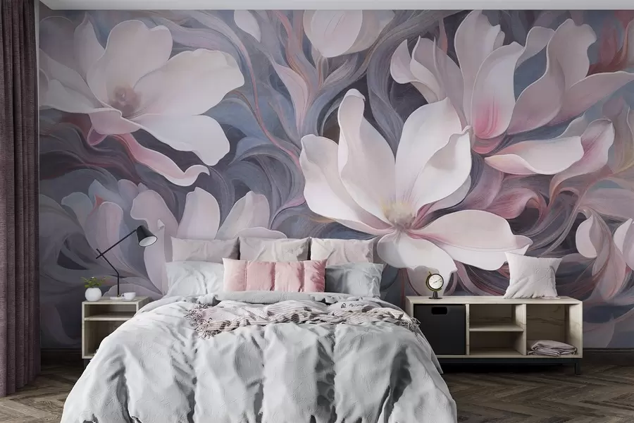 wall murals Textured painting of white magnolia flowers with pink accents, set against a background of swirling, muted blue and gray tones w09344
