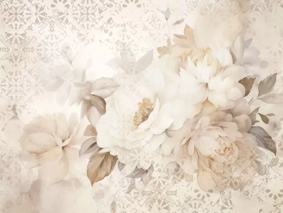 wall murals A floral arrangement of white peonies with beige leaves, set against a decorative background with a vintage texture w09345
