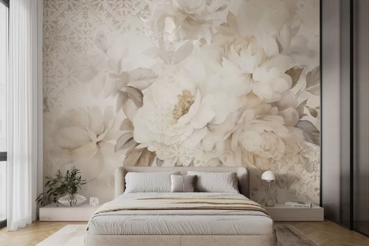 wall murals A floral arrangement of white peonies with beige leaves, set against a decorative background with a vintage texture w09345