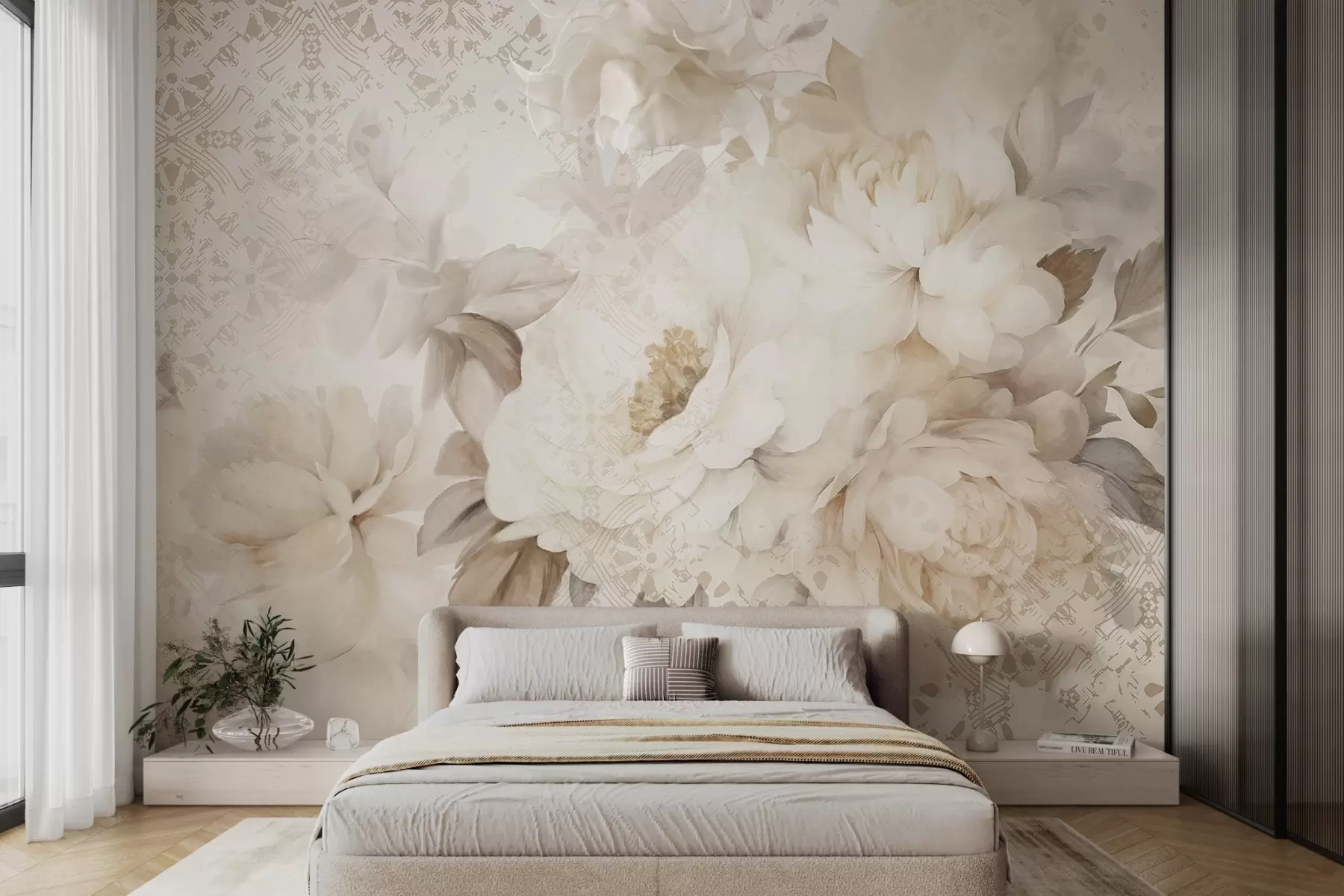 wall murals A floral arrangement of white peonies with beige leaves, set against a decorative background with a vintage texture w09345