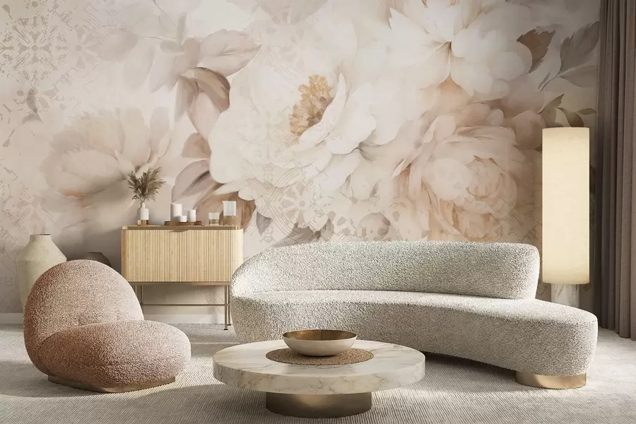 wall murals A floral arrangement of white peonies with beige leaves, set against a decorative background with a vintage texture w09345