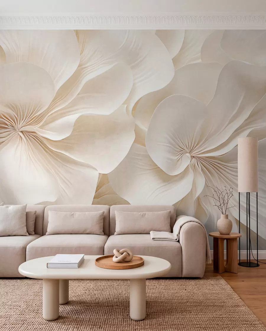 wall murals Close-up of creamy textured flowers with delicate, flowing petals, creating a soft, elegant, and textured floral arrangement w09346