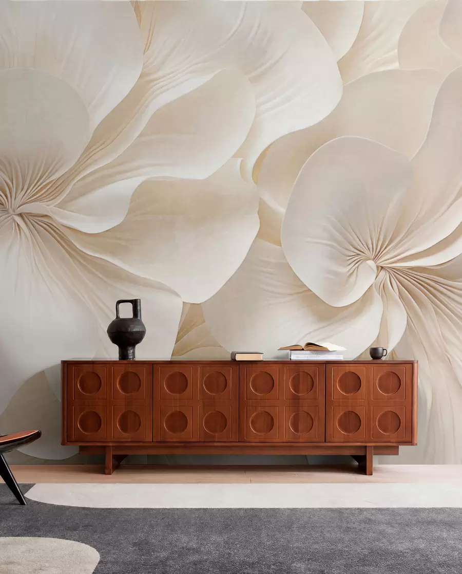 wall murals Close-up of creamy textured flowers with delicate, flowing petals, creating a soft, elegant, and textured floral arrangement w09346