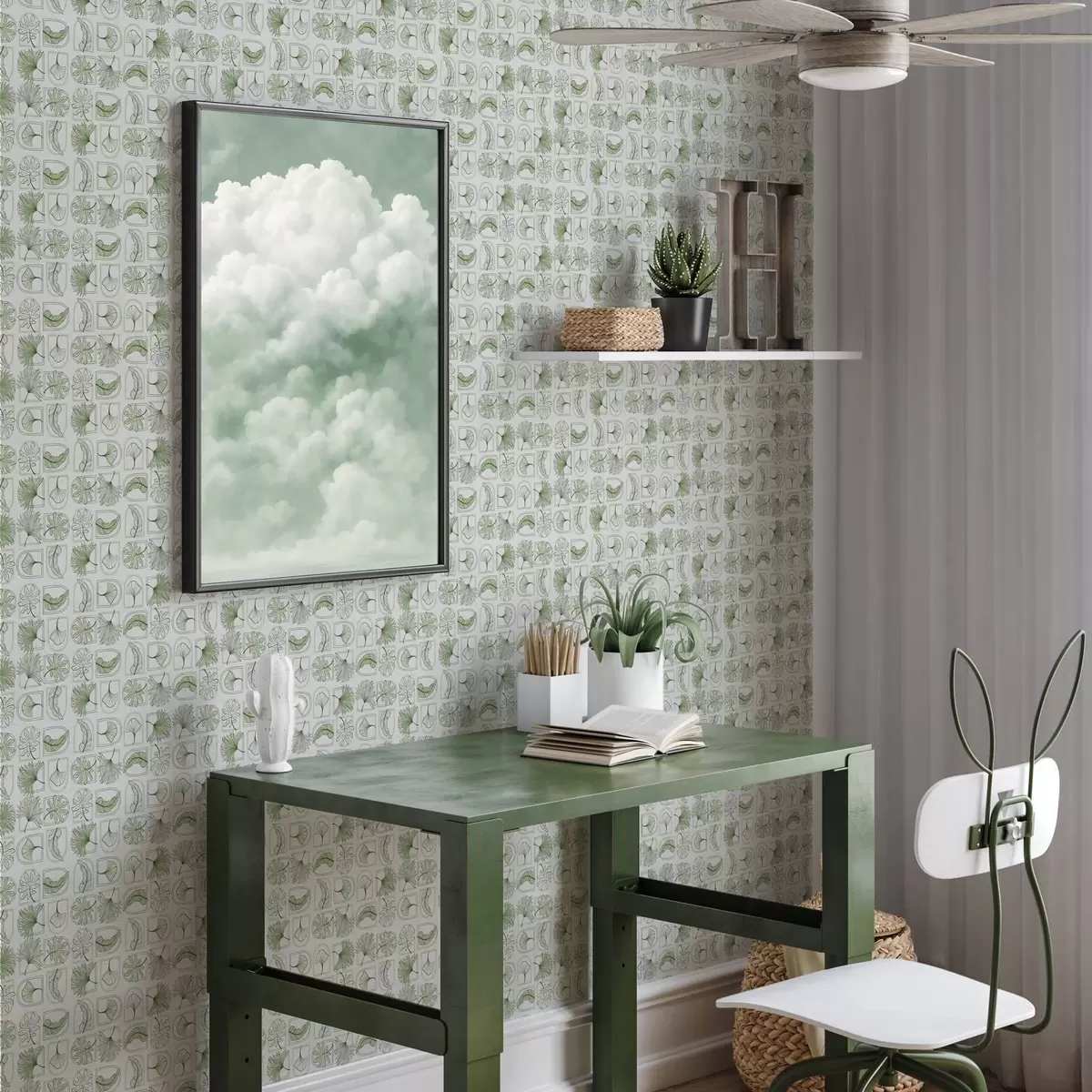 Wallpaper Graphic pattern with green leaves in squares a00287