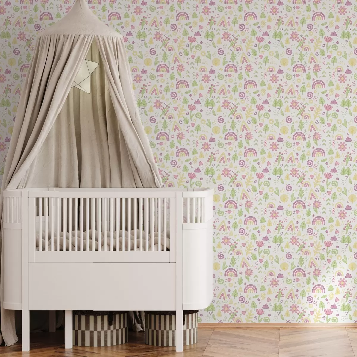 Wallpaper Children’s drawing with rainbows, flowers, and trees a00296