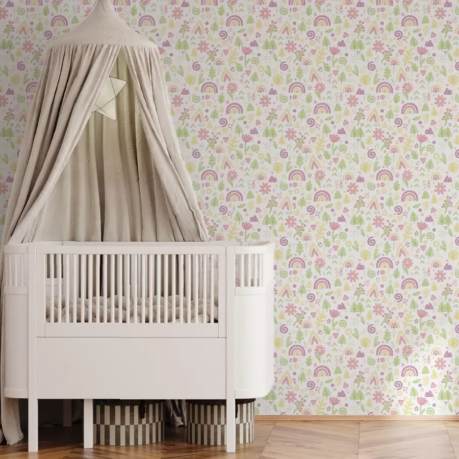 wall murals Children’s drawing with rainbows, flowers, and trees a00296