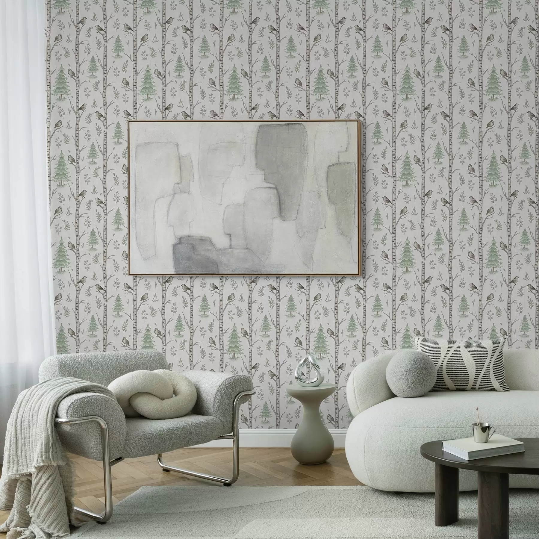 wall murals Birches with birds in a light green forest a00316
