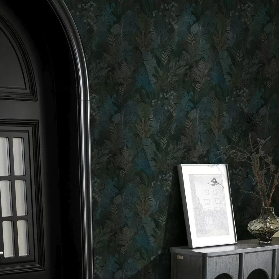 wall murals Dark green tropical foliage with blue accents a00327