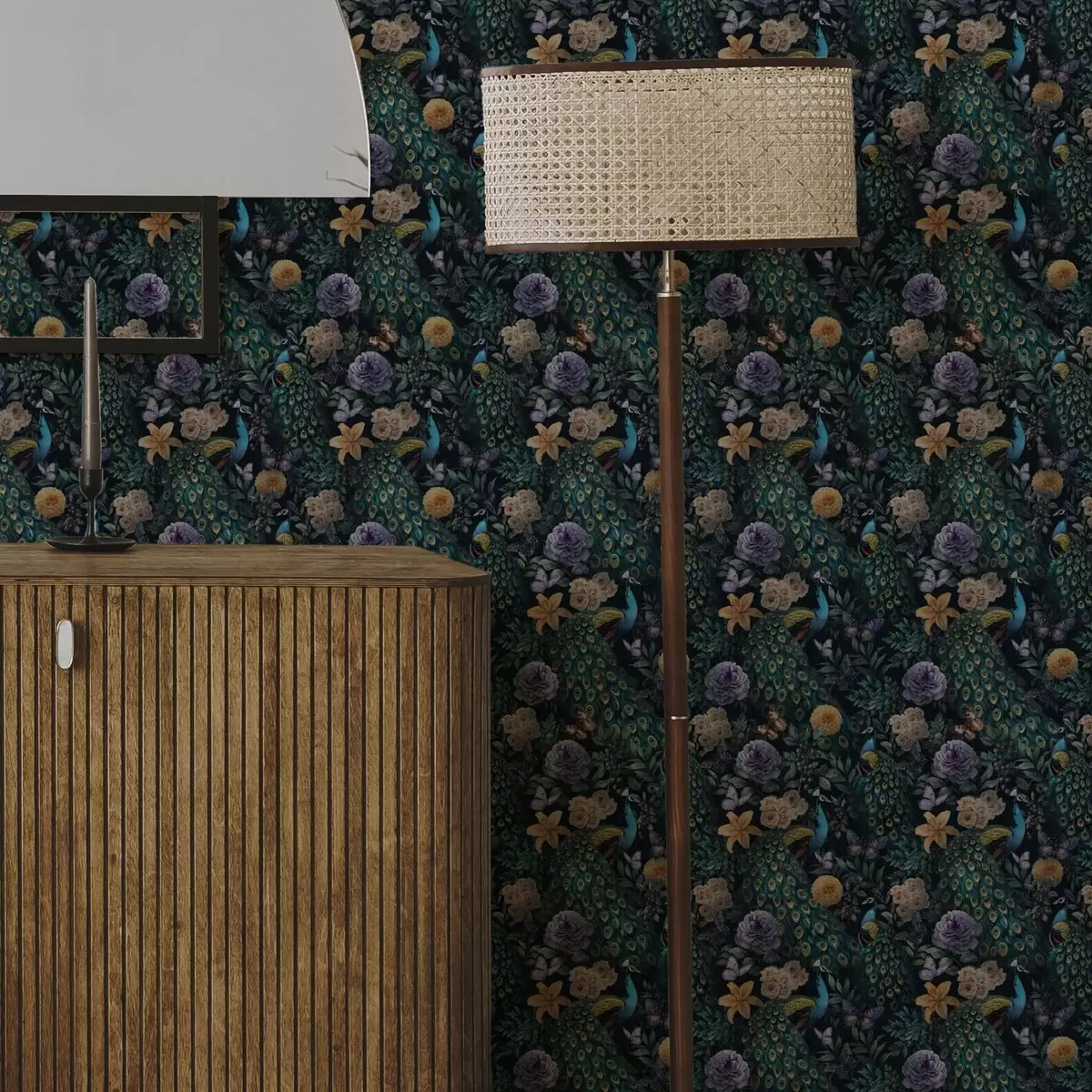 Wallpaper Peacocks among dark flowers and butterflies a00348