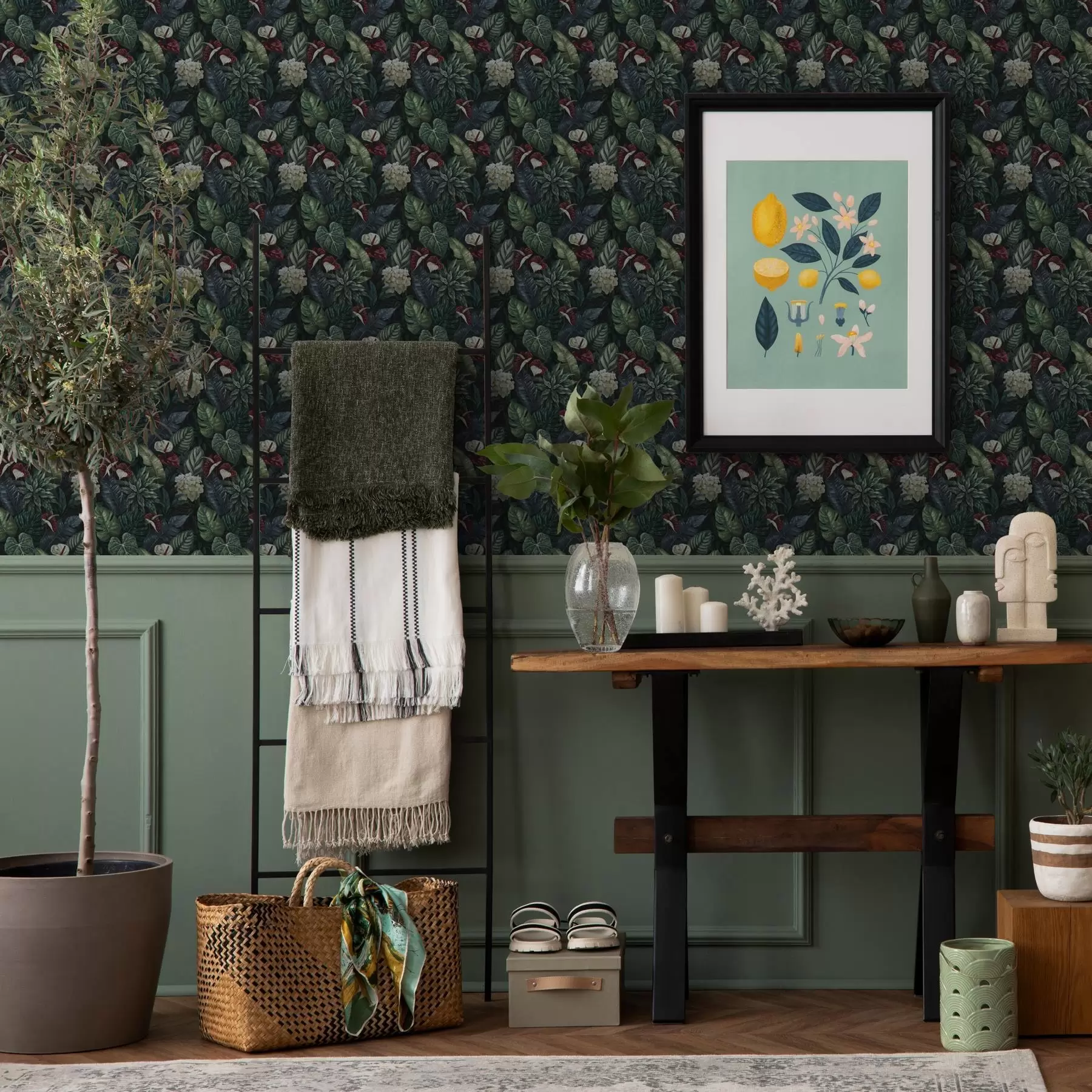 wall murals Tropical leaves with white and red flowers a00361