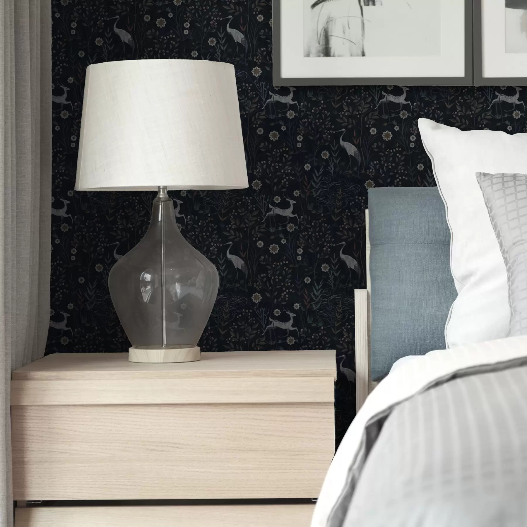 wall murals Dark background with white birds and deer a00363