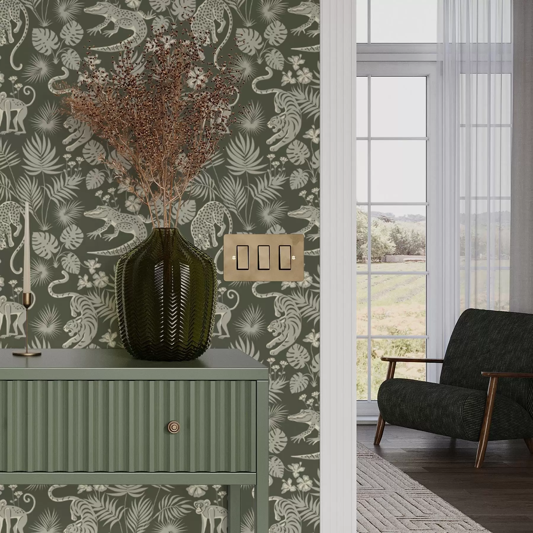 wall murals Silhouettes of wild animals among tropical leaves a00404