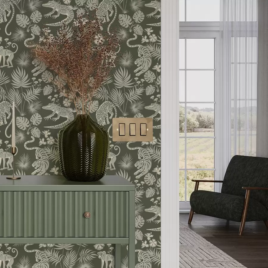 wall murals Silhouettes of wild animals among tropical leaves a00404