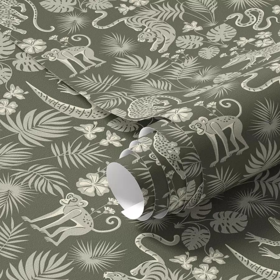 wall murals Silhouettes of wild animals among tropical leaves a00404