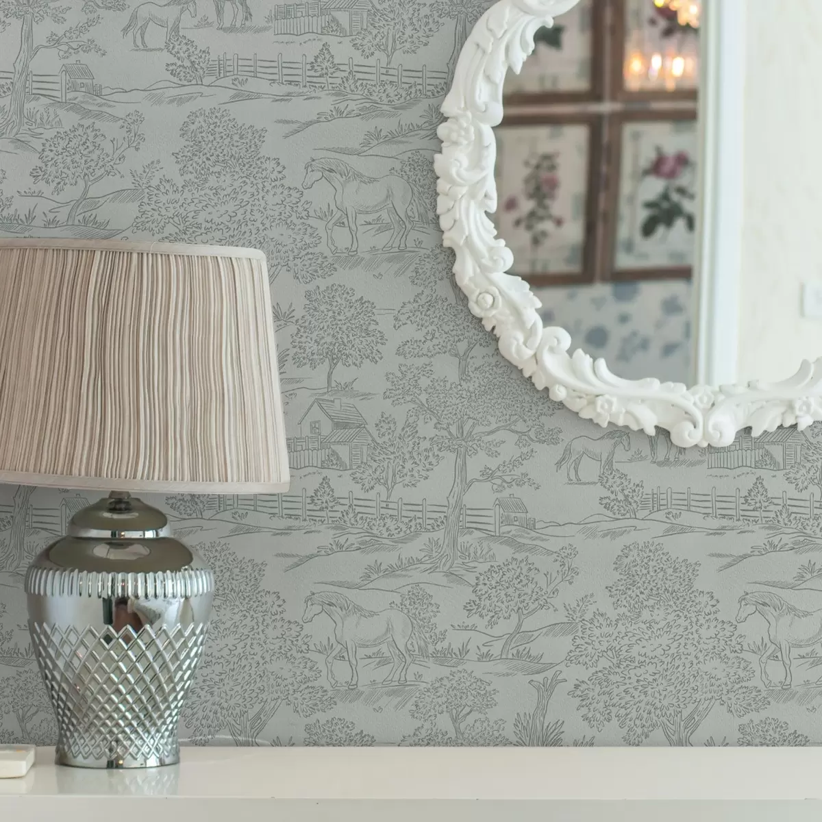 Wallpaper Green monochrome landscape with horses and cottages a00407