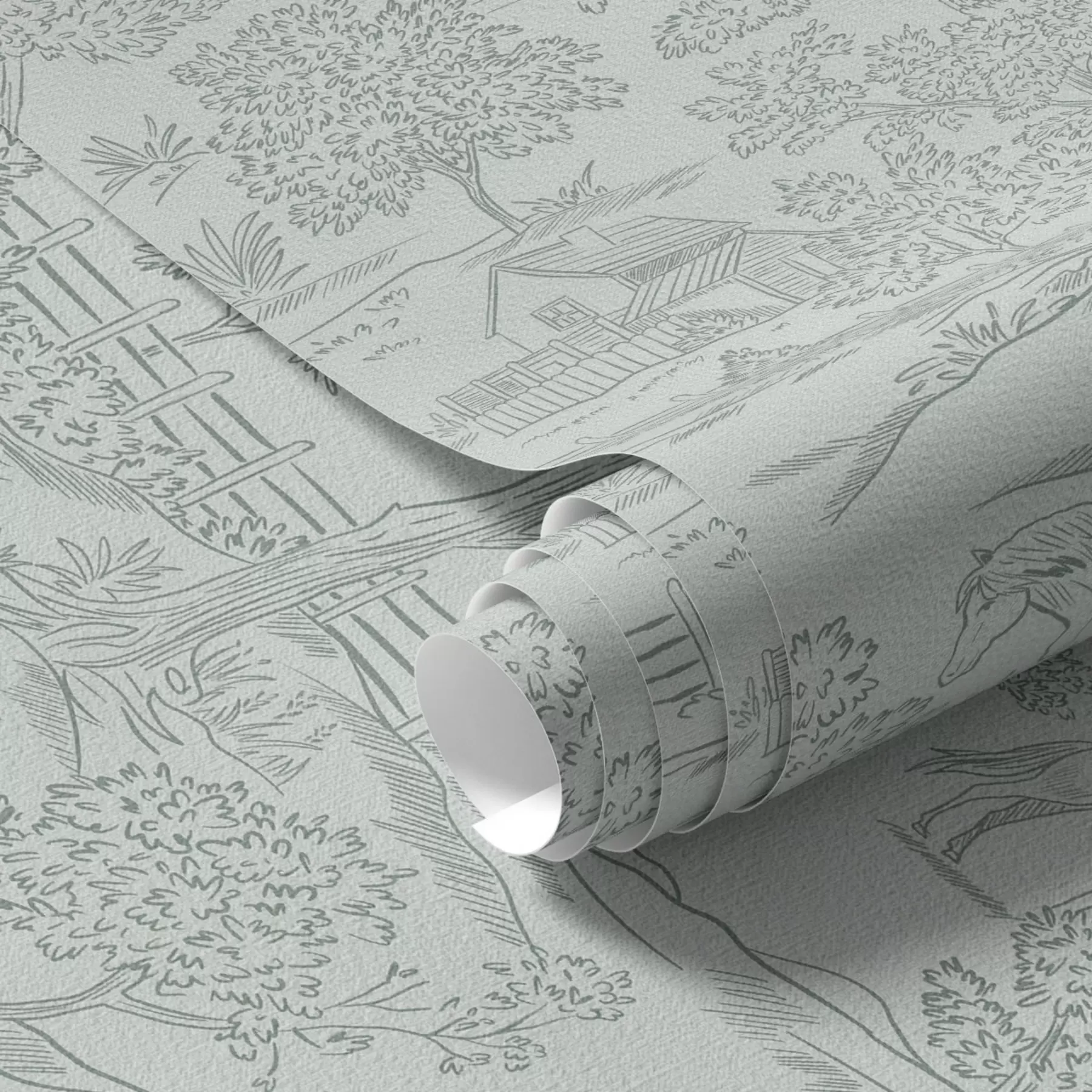 wall murals Green monochrome landscape with horses and cottages a00407