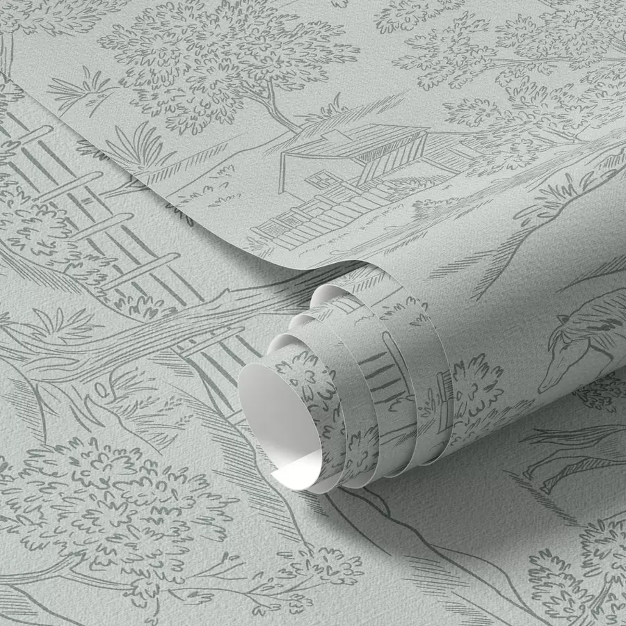 wall murals Green monochrome landscape with horses and cottages a00407