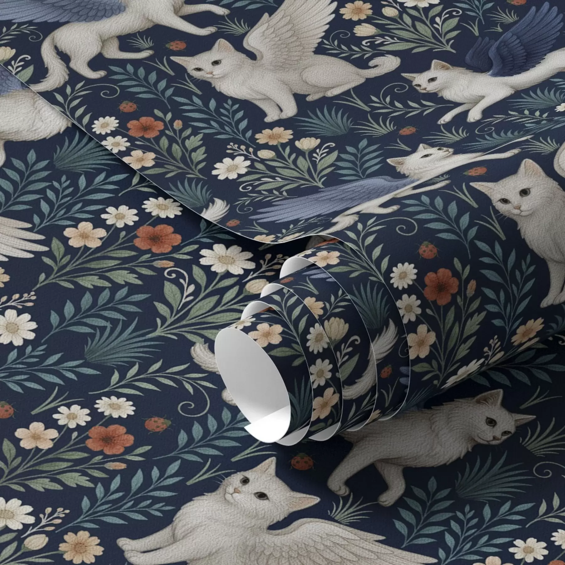 wall murals Fantasy cats with wings among flowers a00408