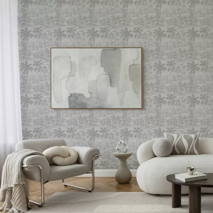 wall murals Monochrome elephants and jungle in graphic style a00410