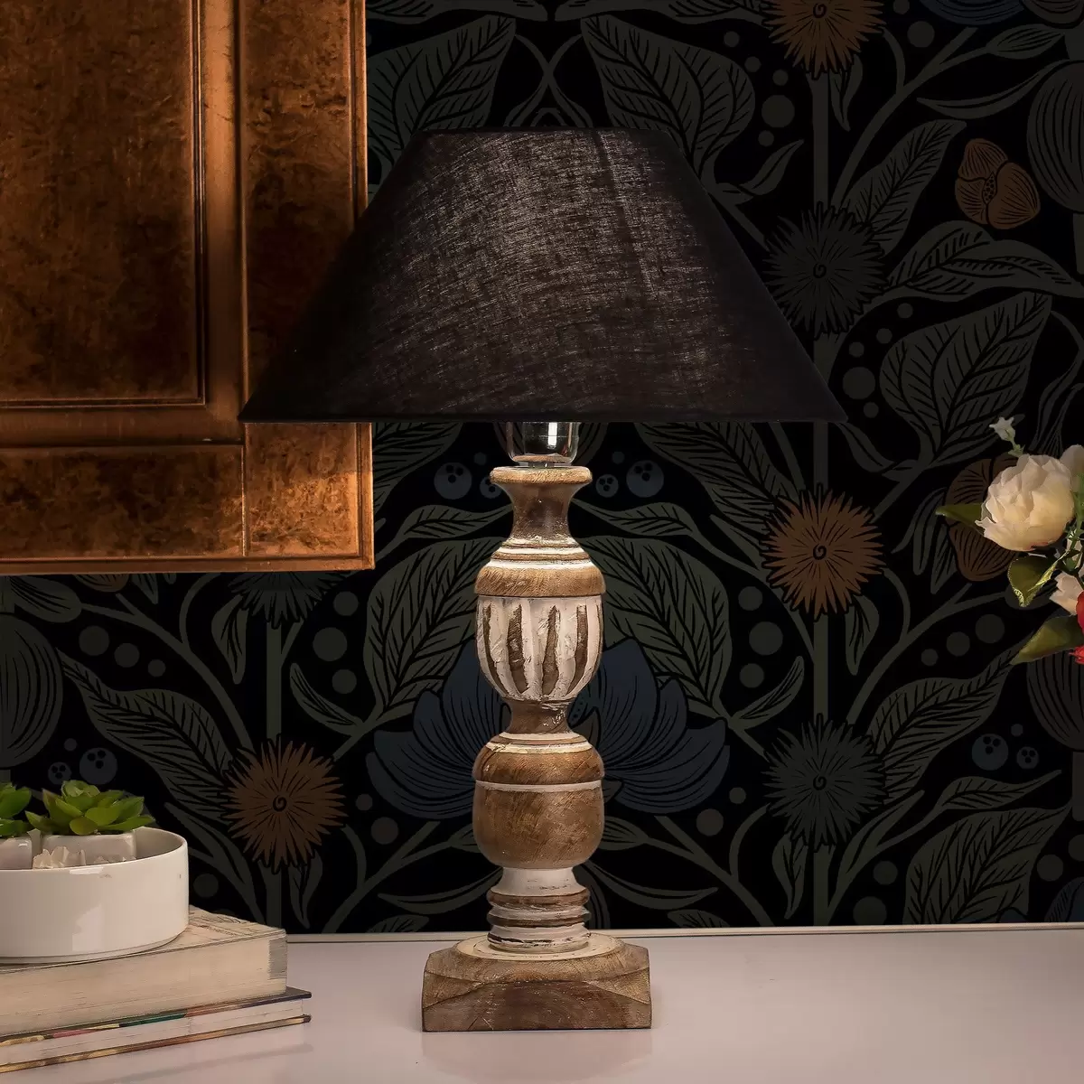 Wallpaper Dark floral ornament with orange accents a00411