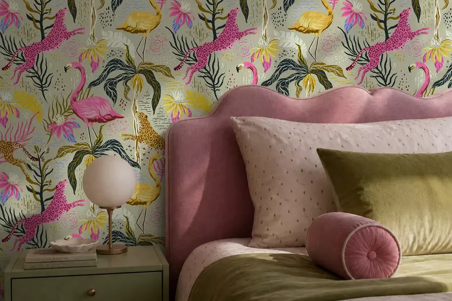 wall murals Bright flamingos and leopards among tropical plants a00470