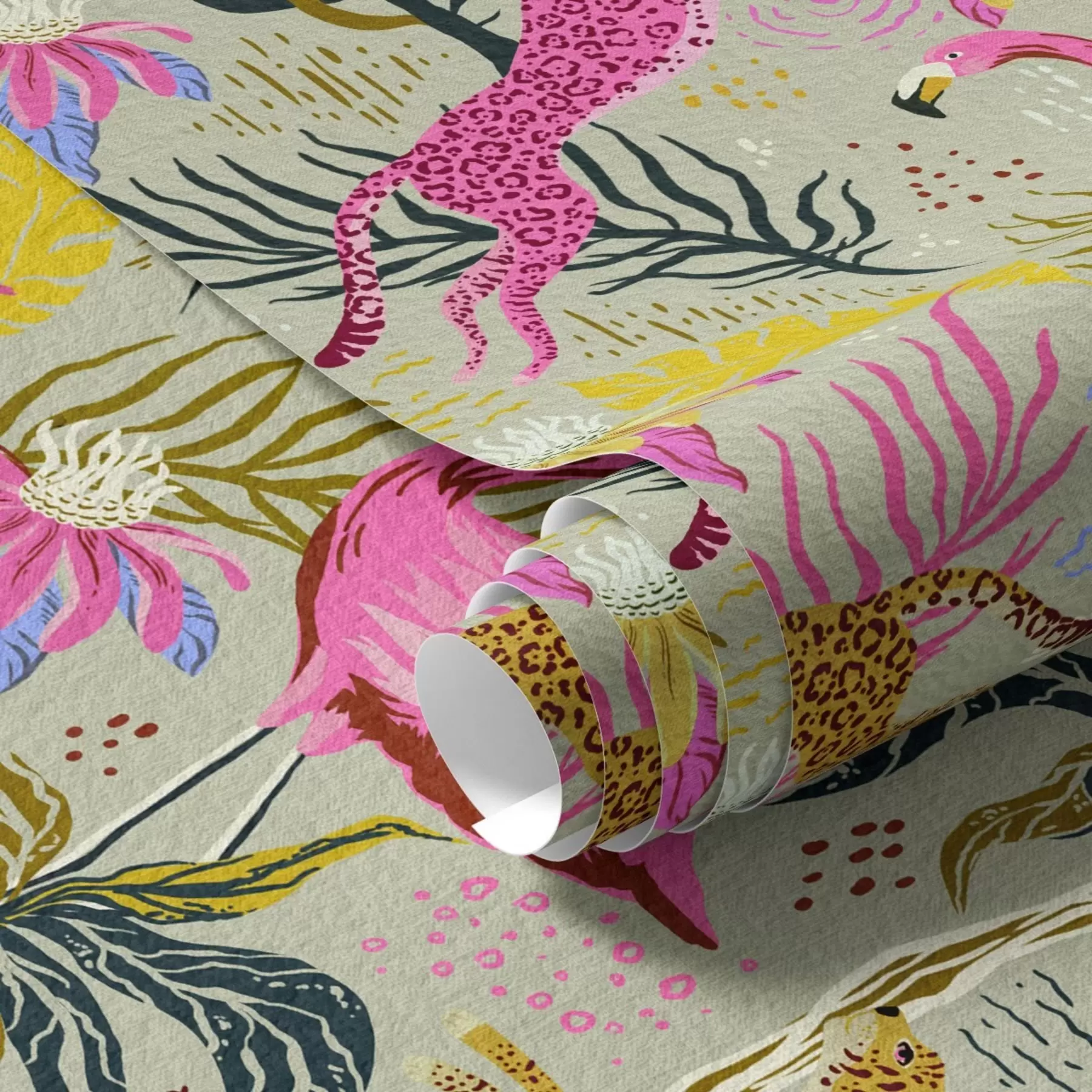 wall murals Bright flamingos and leopards among tropical plants a00470