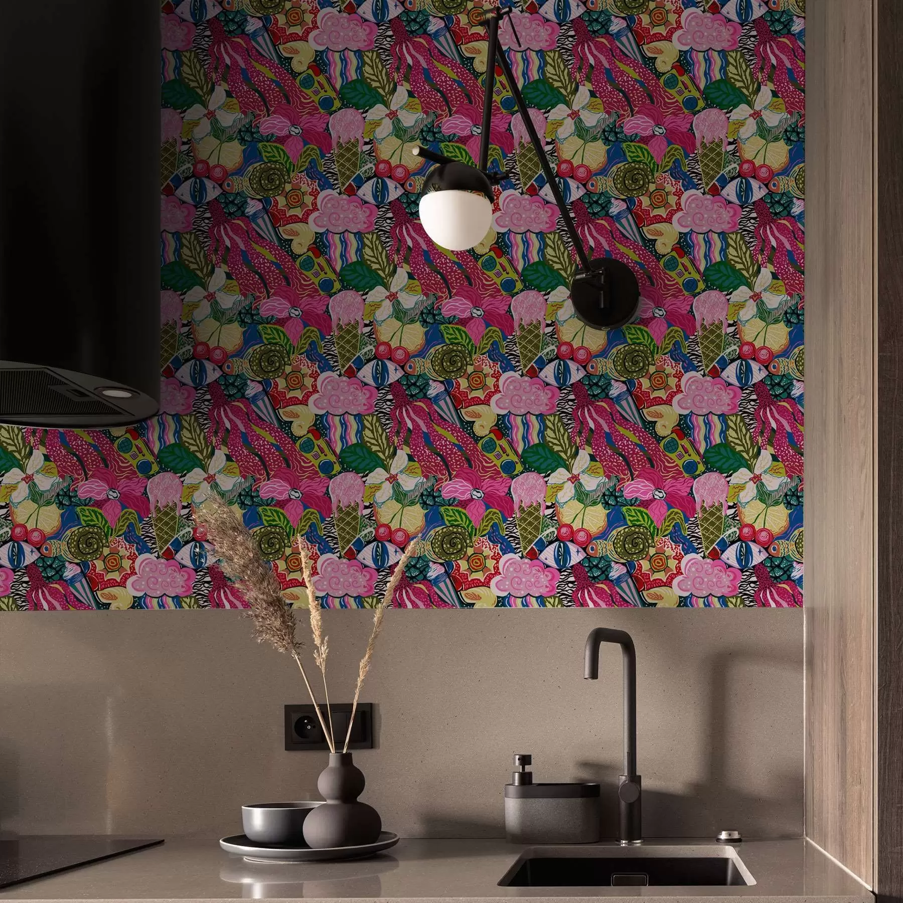 wall murals Abstract pop-art with flowers, berries, and patterns a00471