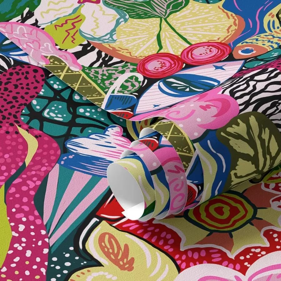 wall murals Abstract pop-art with flowers, berries, and patterns a00471