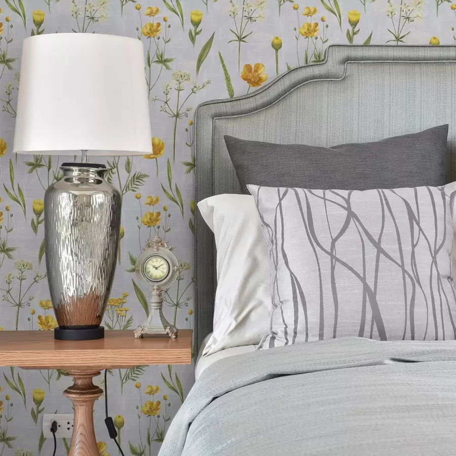 wall murals Yellow flowers and greenery on a light gray background a00472