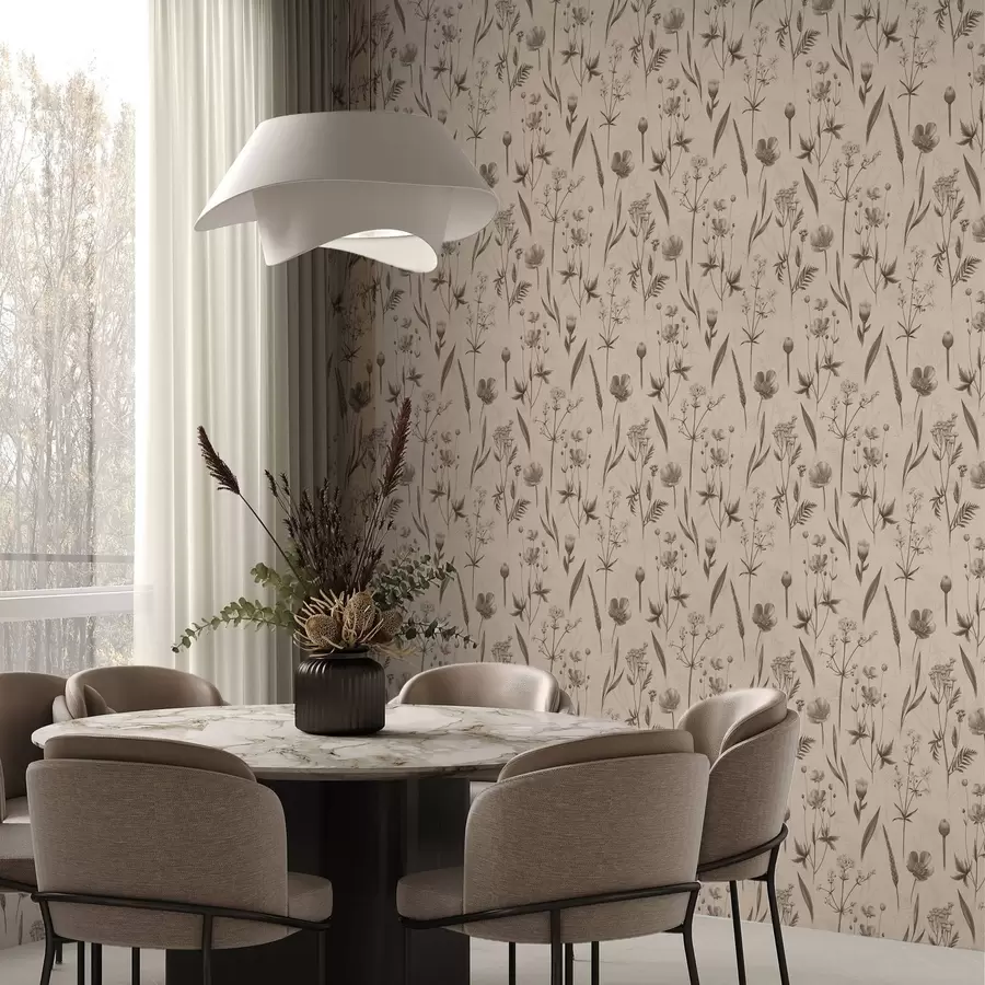 wall murals Yellow flowers and greenery in gray-brown tones a00472v1
